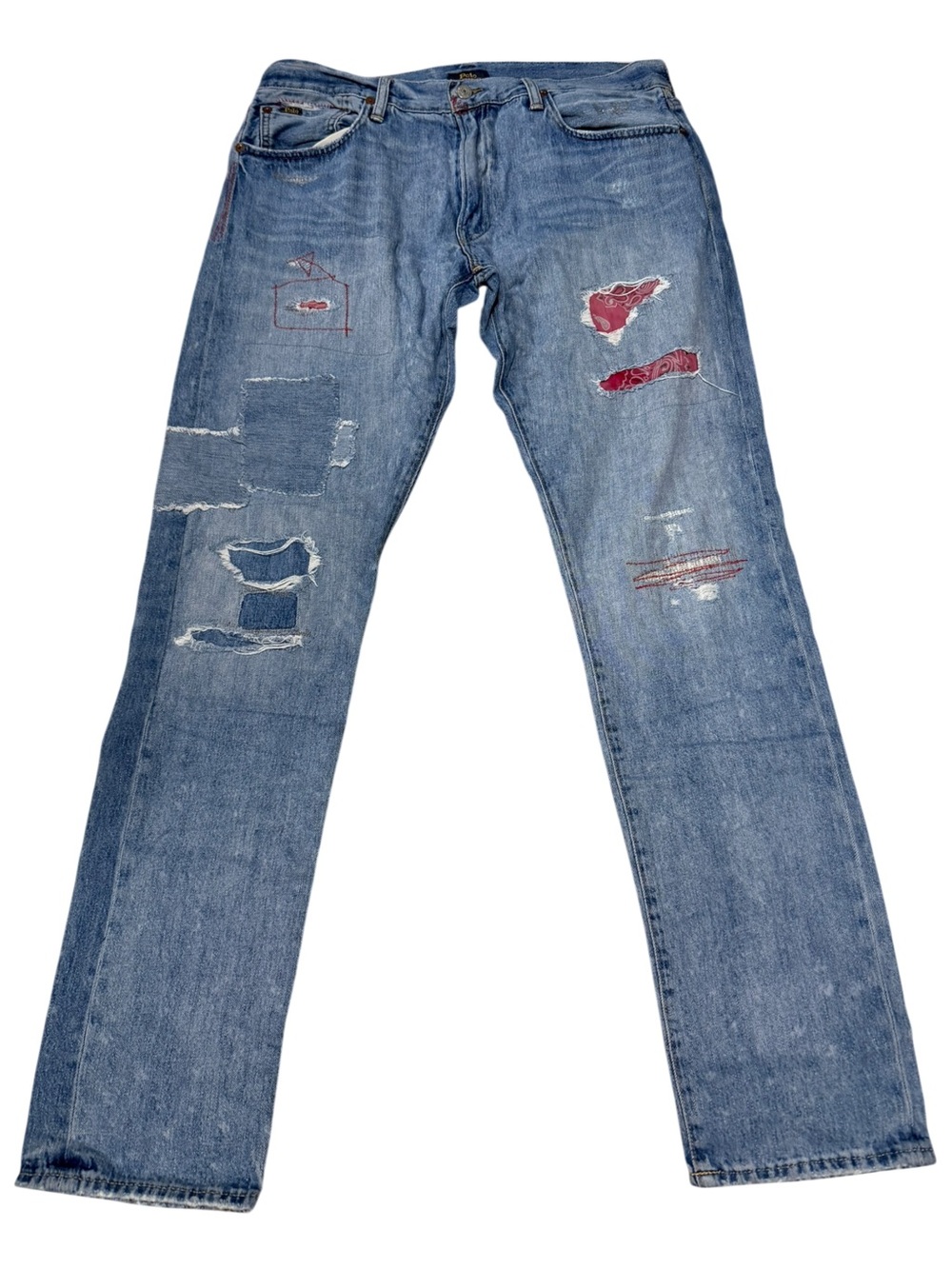 Polo Ralph Lauren Varick Slim Straight Patchwork Bandana Distressed Jeans 34x34